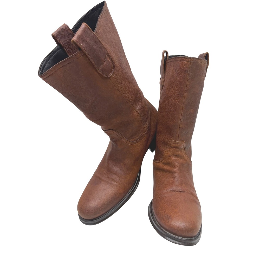 Brown Leather Pull On‎ Cowboy Western Boots Made in Italy Size 8